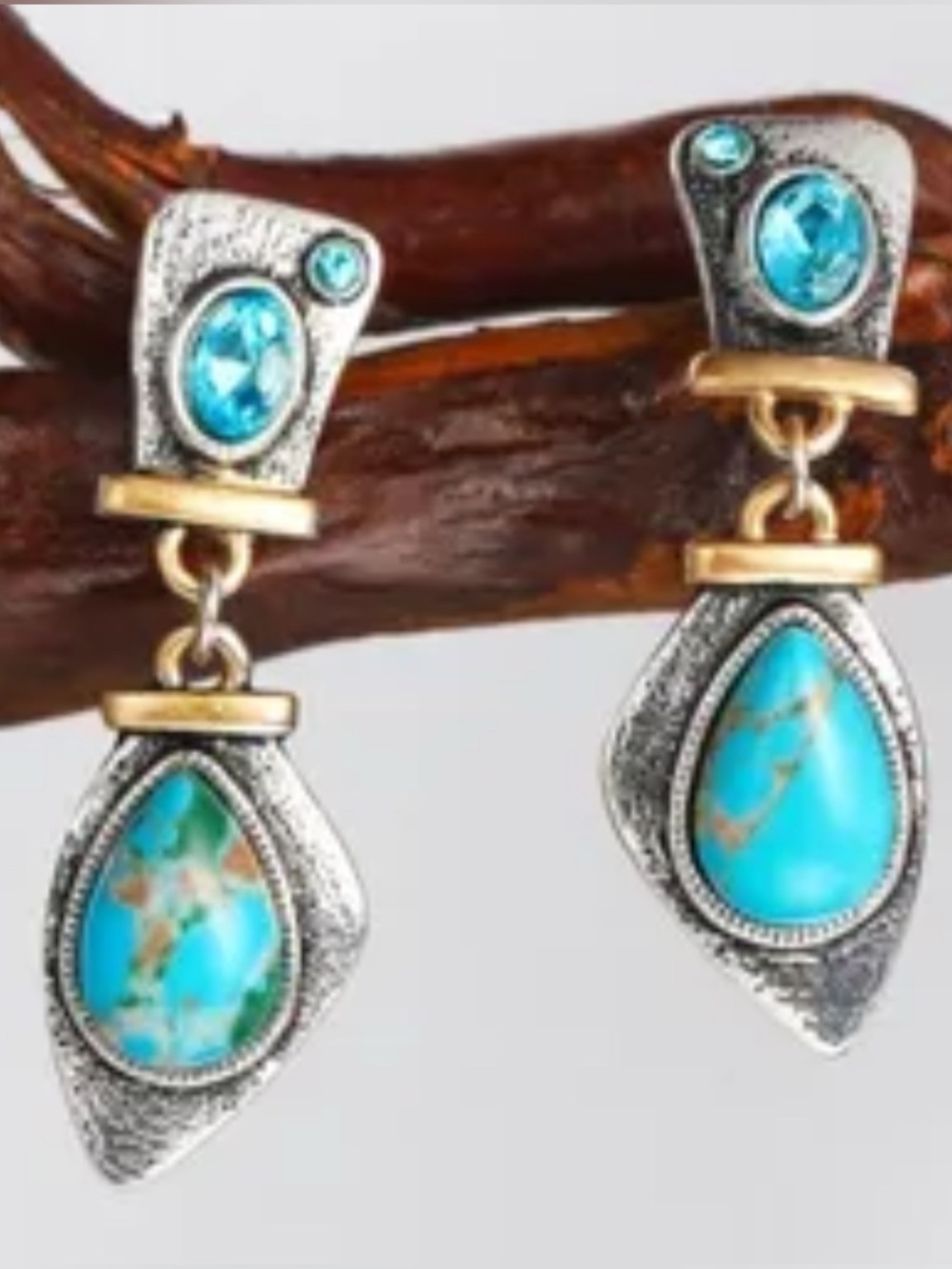 Antiqued Silver Colored with Turquoise & Crystal Dainty Dangle Earrings-NWT